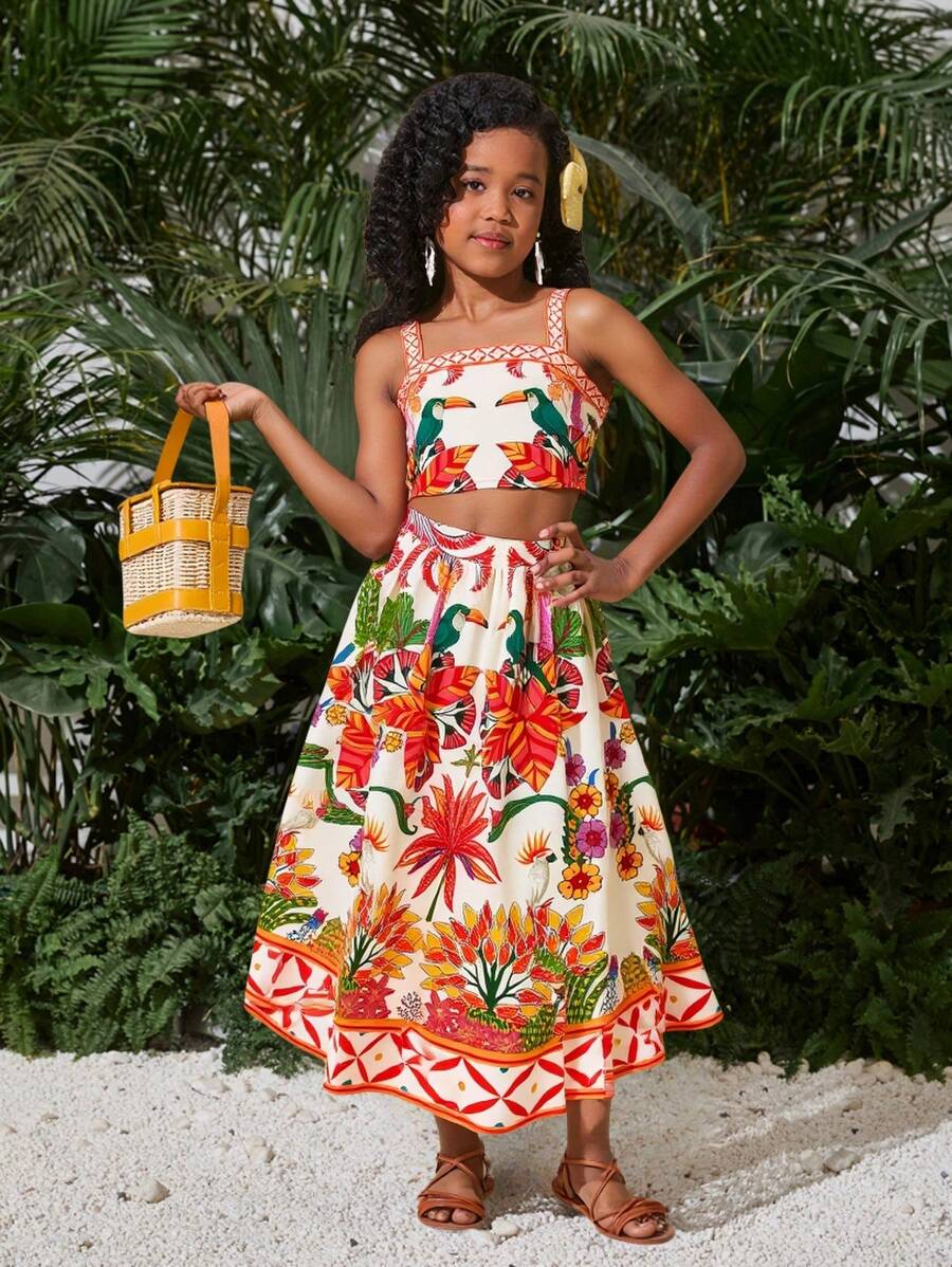 SHEIN 女童热带印花细肩带长裙 2 件套，母女装（2 套单独出售） - 彩色 - 查看 1