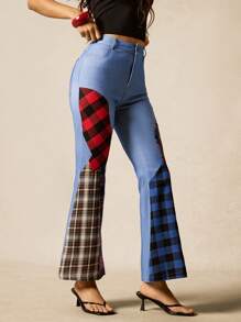 Easelle Women's Plaid Patchwork Denim Effect Flared High Waist Pants, Spring/Summer - Blue - View 6