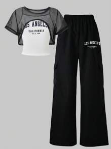 3 件套青少年女孩时尚街头服饰网眼短款 T 恤、字母印花吊带背心和印花舒适阔腿工装裤，适合休闲外出 - 黑與白 - 查看 1