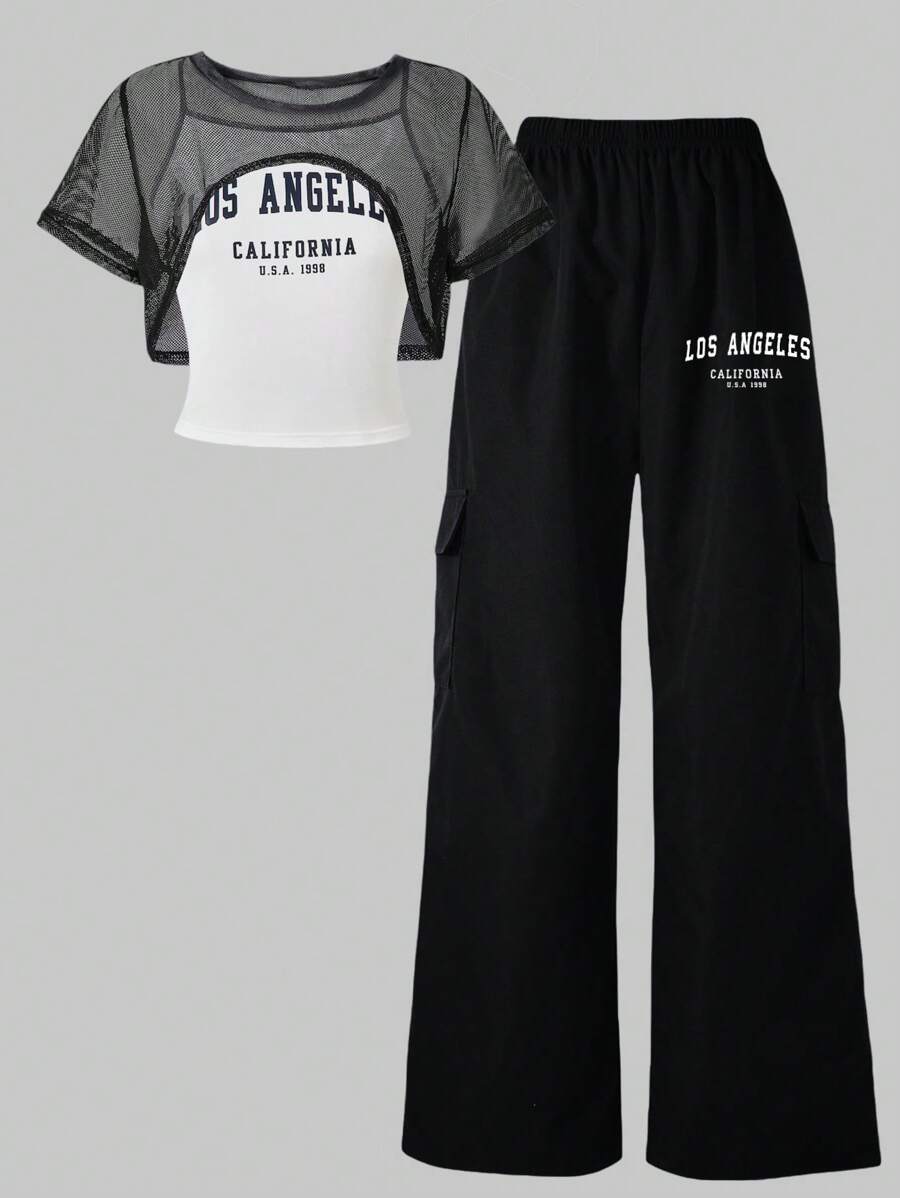 3 件套青少年女孩时尚街头服饰网眼短款 T 恤、字母印花吊带背心和印花舒适阔腿工装裤，适合休闲外出 - 黑與白 - 查看 1
