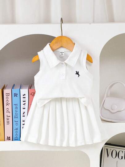 SHEIN Playful Pals 2 件套婴儿/女婴 Polo 领网球运动风格短袖上衣和裙子套装，亲子春夏套装