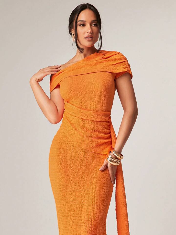 Silquee Women's Summer Stretch Textured Fabric Orange Dress, Sexy Elegant Pleated Asymmetric Drape Dress Summer, Women's Summer Clothing, Summer Clothing, Women's Elegant Clothing, Women's Summer Dress Graduation Dress, Flowy Dress Festival Summer Beach Vacation