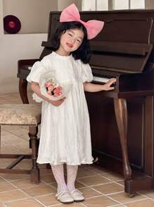 DAZY Đầm midi tay bồng cổ tròn bằng vải satin dễ thương cho tiệc sinh nhật, trang phục mùa hè cho bé gái - Màu be - Xem 5