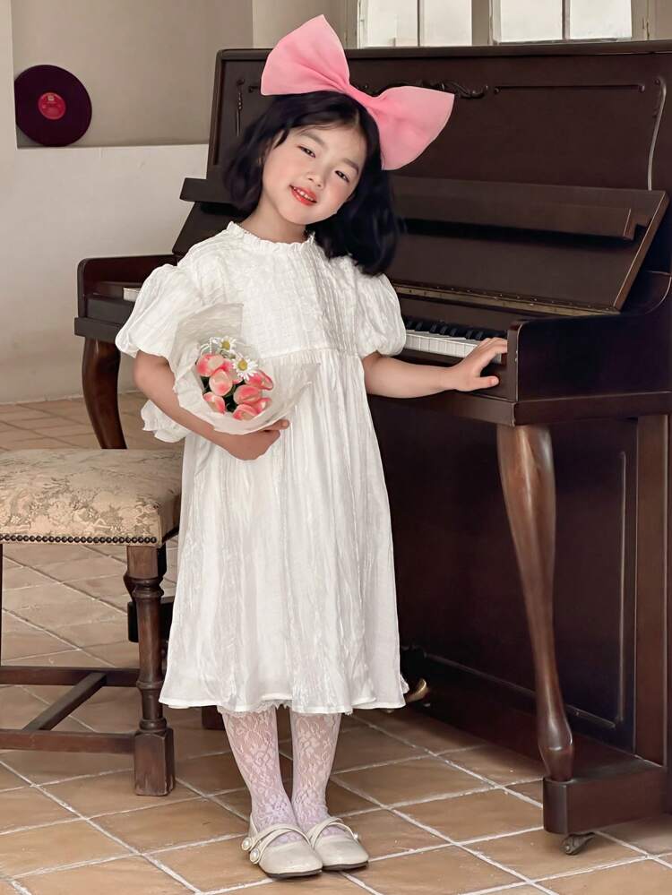 Young Girl Round Neck Satin Cute Birthday Party Puff Sleeve Midi Dress,Girls Summer Outfits