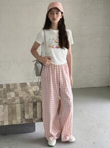 DAZY 2pcs/Set Youth Knit Graphic Print Short Sleeve T-Shirt + Plaid Pants, Spring/Summer - White - View 4