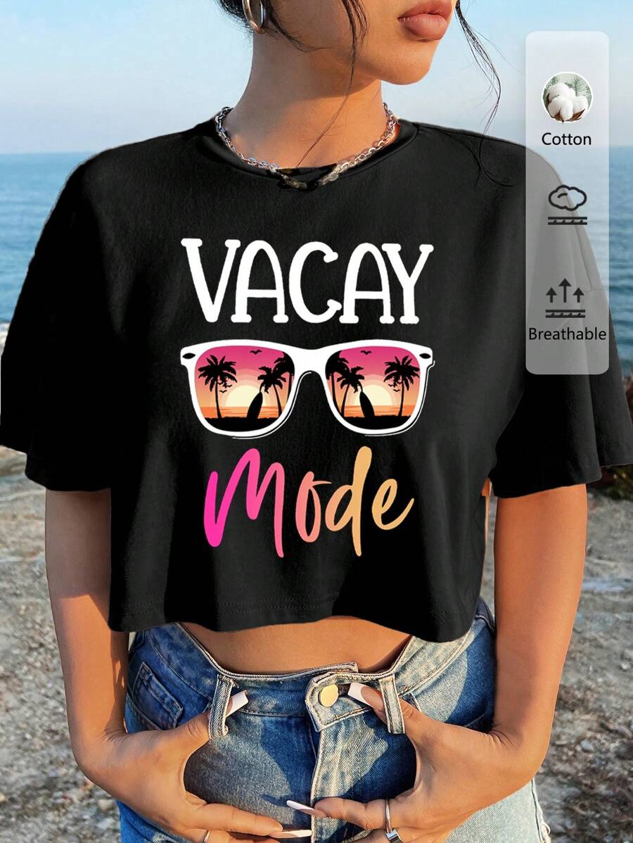 SHEIN VCAY 休闲宽松圆领短袖 T 恤上衣，带有椰子树和太阳镜图案，棉混纺，适合夏季度假 - “Vacay Vibes Getaway” - 黑色 - 查看 1