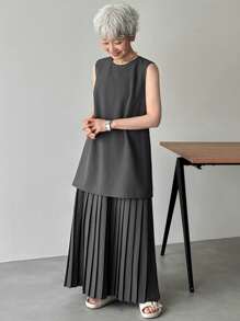 FRIFUL Women Loose Hem Pleated 2 In 1 Long Dress, Solid Color, Summer,Casual Women Dresses