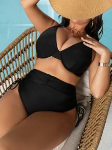 Swim Basics Summer 2pcs/Set Plus Size Women Solid Color Knitted Strapless Bandeau Top And Drawstring Triangle Bottom Bikini Set, Vacation - Black - View 7