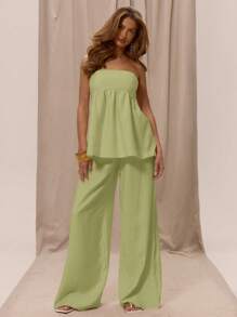 MUSERA 无肩带修身胸部宽松荷叶边无肩带上衣，仅含春季度假优雅沙滩装波西米亚浪漫伊比沙亚麻质感娃娃衫，适合节日假日可爱外出，优雅夏季复活节 - 青檸色 - 查看 5