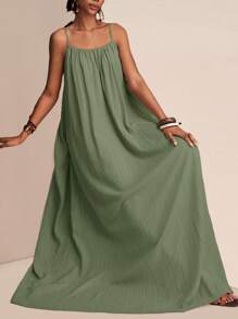 Slaydiva 大码休闲纯色超长吊带裙 - 綠色 - 查看 4