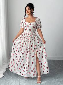 Elenzga Plus Size Women Cherry Print Ruffle Backless Split Dress With Bubble Sleeves - White - View 3
