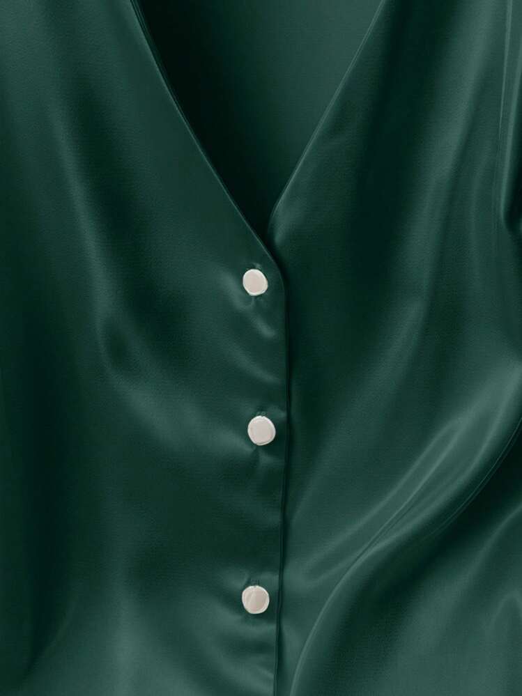GlowEve CURVE Plus Size Dark Green Summer Elegant Collarless Sleeveless Button Up Shirt Women Business Casual Tops Formal Clothing Blouses & Shirts - Dark Green - View 5