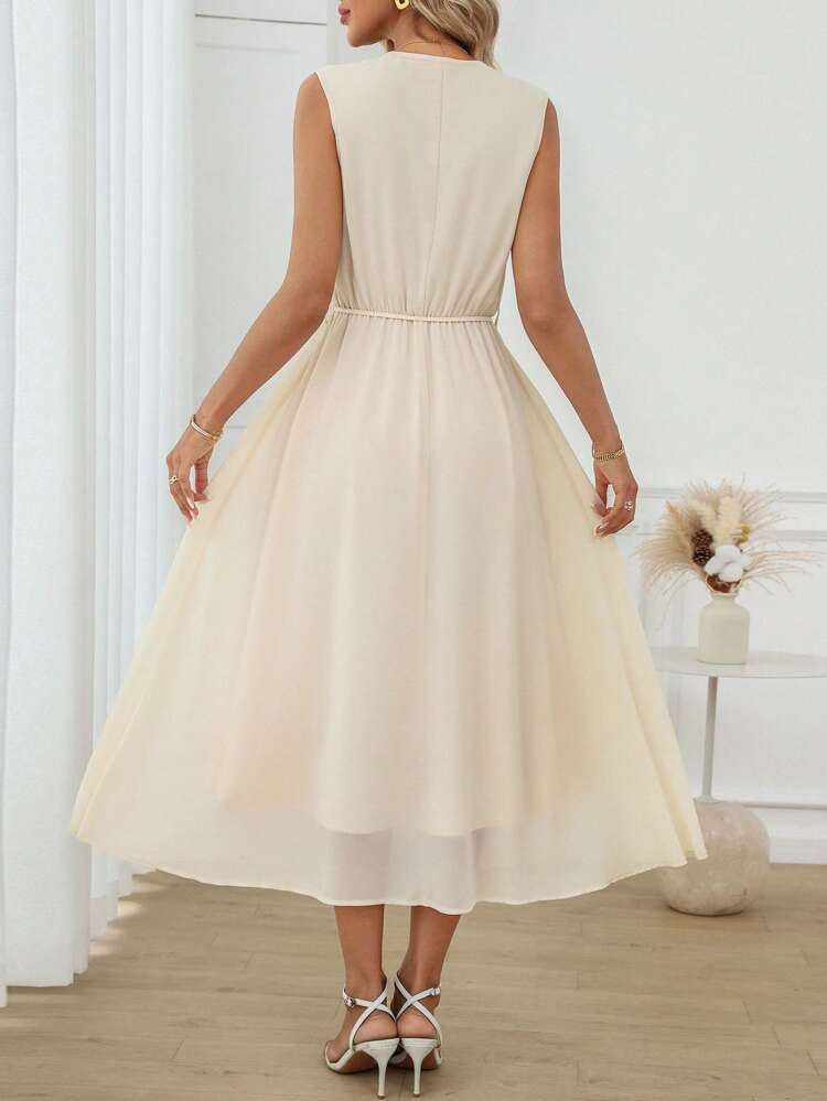 Women's Solid Color Button Half-Placket Sleeveless Casual Mid-Length Dress, Summer