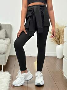 SHEIN Camisa con nudo adelante y leggings casuales y deportivos de corte slim para niñas preadolescentes, de vuelta al colegio