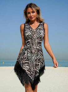 Swim Lushoire 女士优雅知性无袖黑白圆领流苏网眼罩衫，雪纺沙滩裙，夏季 - 黑與白 - 查看 3