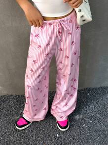 Coolane Kids Tween Girls Spring/Summer Comfortable Trousers, Bow Striped Print Versatile Long Pants - Pink - View 4
