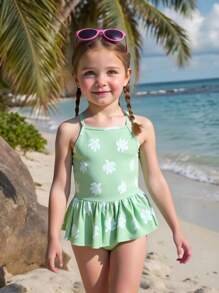 Infant/Toddler Girls' Summer Beach Vacation New Turtle Digital Print Ruched One-Piece Swimsuit Toddler Girl Beach Clothes Summer Clothes For Toddlers Summer Dresses For Toddler Girl Toddler Dresses Summer - Green - View 2