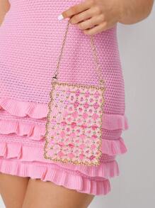 SHEIN SXY Damen Handtaschen mit oberem Griff, goldene Perlen, transparente Perlen, Perlenbestickte Tasche, modisch, elegant, schlicht, personalisiert, vielseitig, für Strand, Urlaub, Feiertage, Sommer, Meerseite, Dates, Alltag, Einkaufen, Nachmittagstee - Gold - Übersicht 1