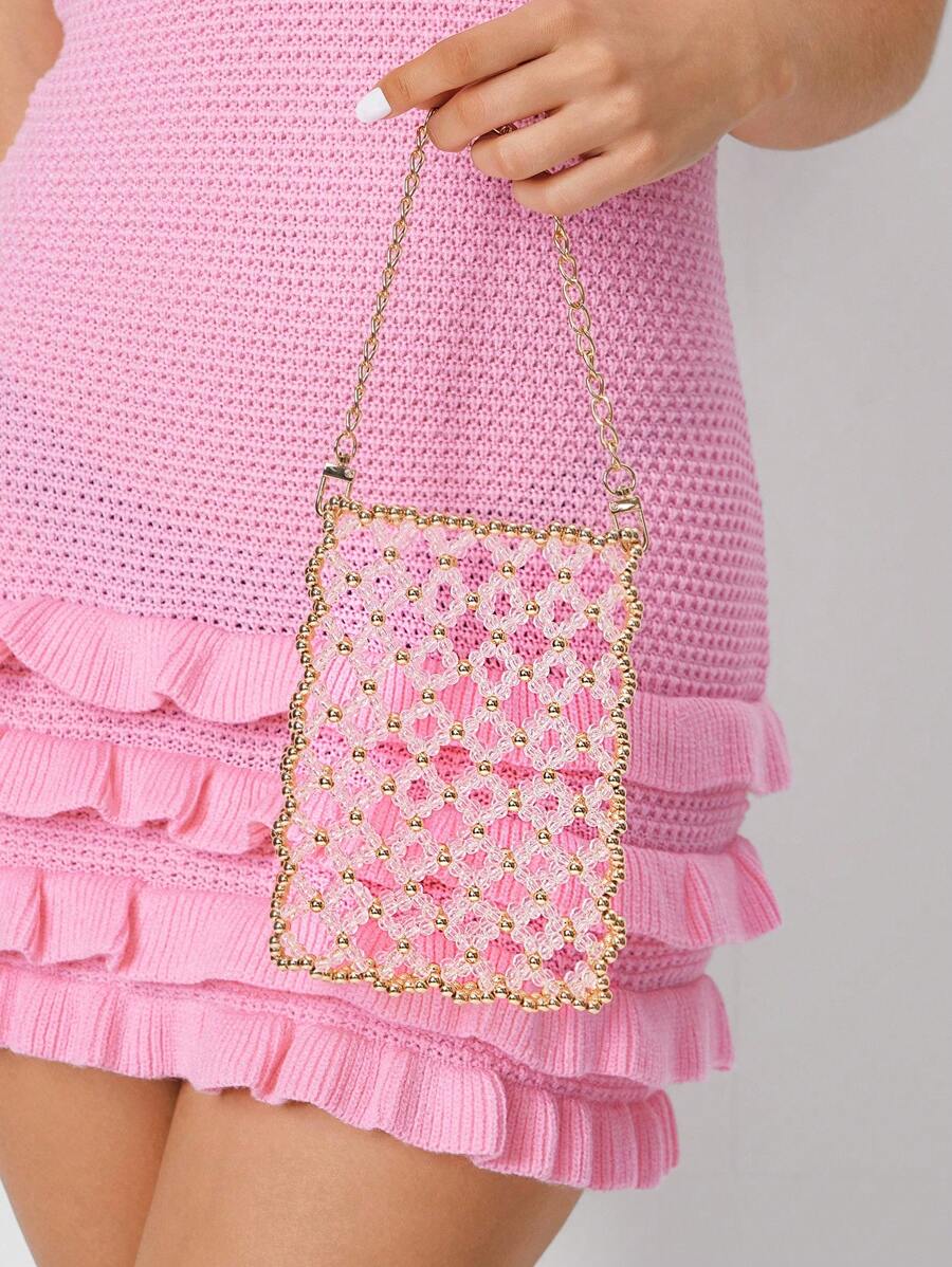 SHEIN SXY Damen Handtaschen mit oberem Griff, goldene Perlen, transparente Perlen, Perlenbestickte Tasche, modisch, elegant, schlicht, personalisiert, vielseitig, für Strand, Urlaub, Feiertage, Sommer, Meerseite, Dates, Alltag, Einkaufen, Nachmittagstee - Gold - Übersicht 1