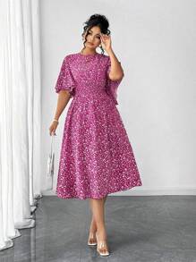 Elenzga 加大码女式碎花圆领荷叶边袖腰部收腰 A 字中长连衣裙，优雅户外休闲 - 玫紅色 - 查看 3