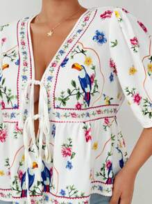 Flirla Blusa de manga farol con estampado de flores para tallas grandes de verano