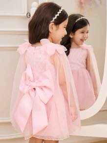 SHEIN Glamorique Kids Baby Girl Spring/Summer Style Layered Tulle Backless Dress With Ribbon Bow Decor Formal Dresses For Baby Girls Partywear