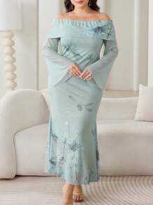 Modelyn Plus Size Off Shoulder Long Sleeve Dress, Fashionable For Summer - Green - View 6