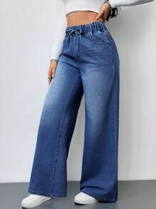 SHEIN Tall Women's Jeans Casual High Waist Wide Leg Trousers Blue Women's Jeans Women's Summer Clothing Elastic Waistband Jeans Jeans Casual Loose Straight Pants - Dark Wash - View 4