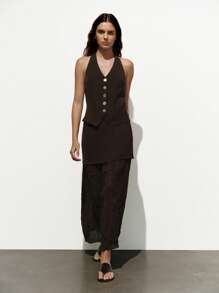 Lumivelle Women's Fashion Minimalist V-Neck Sleeveless Tie Camisole + Chiffon Pleated Hem A-Line Skirt 2 Pieces Set