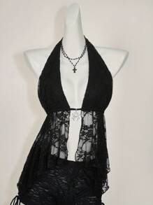 SHEIN ICON 女士蕾丝吊带背心，夏季时尚 - 黑色 - 查看 6