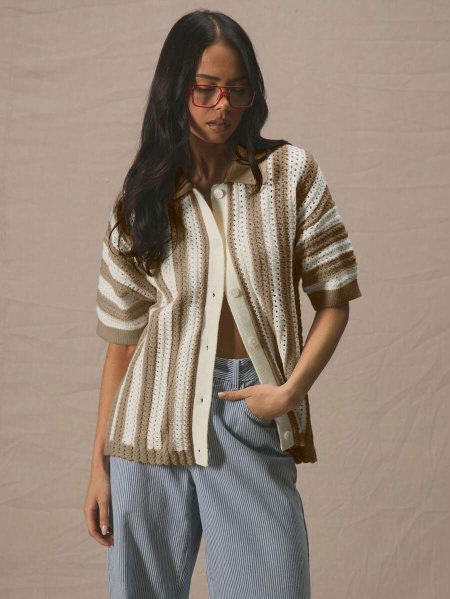MUSERA Boxy Oversized Drop Shoulder Button Through Short Sleeved Cardigan,Blue And White Stripe,Autumn,Casual,Vacation,Holiday,Beach,Back To School,Chic - Brown - View 1