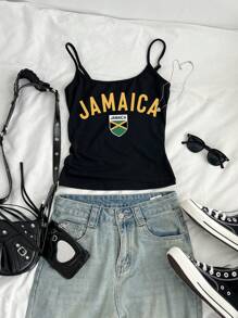 SHEIN EZwear Sexy Sports Style Jamaica Flag Football Printed Women Sleeveless Casual Tight Tank Top, Suitable For Summer And Sports Seasons