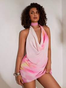 Opulessa Woven Print Ruffled Collar Backless Mini Dress For Women - Pink - View 4