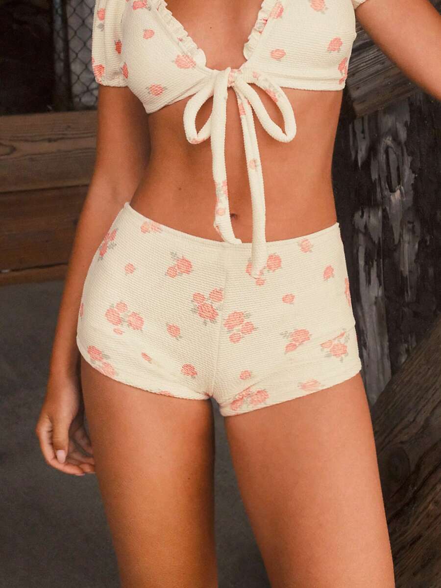 WESTFADE Western Floral Printed Low Rise Cute Bow Front Summer Cowgirl Bikini Shorts - Multicolor - View 1