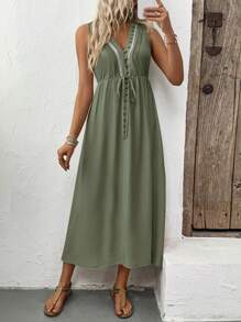 SHEIN Clasi Đầm không tay thắt eo thiết kế nút ngày lễ cho nữ - màu xanh lá - Xem 4