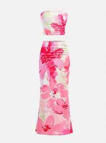 Girlism Conjunto de 2 piezas para adolescentes, top tubo ajustado con estampado tropical y vestido largo maxi