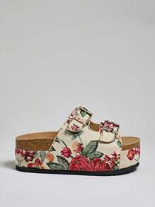 SHUZIA Women's Floral Print Open Toe Double Buckle Cork Footbed Slide Sandals - Multicolor - View 6