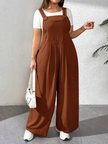 SHEIN Essnce 大码女装春夏时尚休闲宽松舒适日常卡其色吊带阔腿裤连体裤，女装夏季服装，沙滩度假，春装 - 鏽棕色 - 查看 5