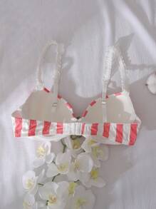 Dream Adore Striped Patchwork Molded Cup Underwire Lace Trim Refreshing Cute Women Bra - Watermelon Pink - View 2