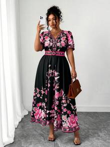 Elenzga 大码女式泰国、马尔代夫度假海滩度假村波西米亚风格印花V领盖袖连衣裙，收腰，春夏 - 彩色 - 查看 4