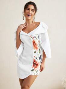 Sara Mezzanotti Spring Summer Floral Printed Double Breasted Off-Shoulder Suit Dress Mini Dress - Multicolor - View 4