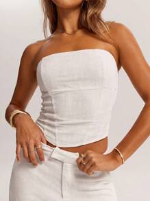 SHEIN BAE Women's Summer Solid Color Asymmetrical Hem Fashion Fitted Tube Top - White - View 7