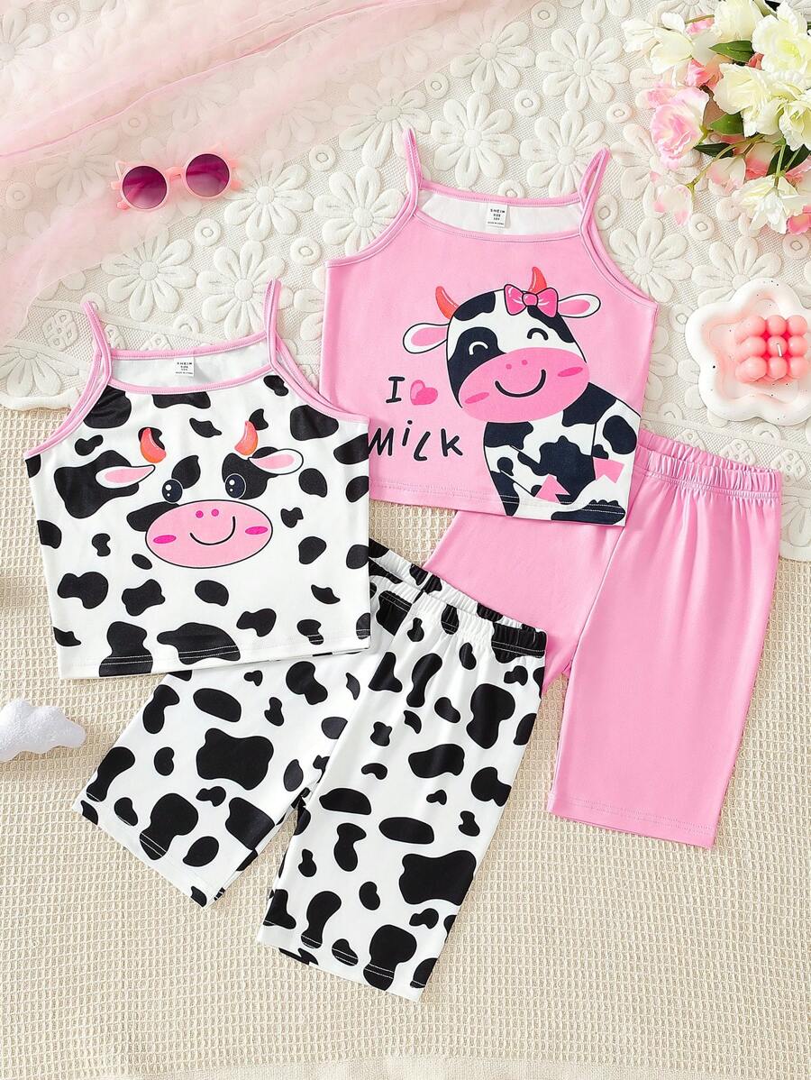 4pcs Tween GirlsCute Purple Theme Cow Print Cami Top And Shorts Snug Fit Homewear Set - Pink - View 1