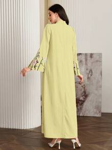 Al Najma 女式花卉印花立领长袖休闲宽松连衣裙，优雅束腰阿拉伯连衣裙，适合日常休闲/旅行/度假/休假，端庄