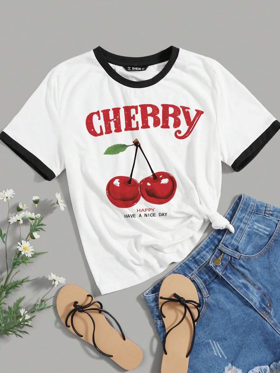 SHEIN EZwear Women Cherry Print Colorblock Short Sleeve T-Shirt, Casual For Summer Back To School - Black and White - View 1