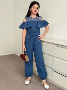 Tute da ragazza tween, casual, per vacanze, con pizzo a contrasto, orlo con volant, cintura, vita elastica, morbide