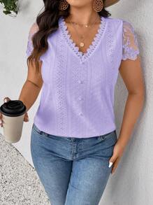 SHEIN Frenchy Plus Size Vacation Casual Solid Color Lace Patchwork T-Shirt - Mauve Purple - View 2