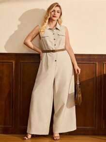 Vintamour Plus Size Women Button Front Sleeveless Pocket Jumpsuit - Khaki - View 4