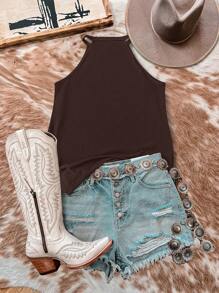 Attitoon Heart Pattern Casual Neck Tied Slim Fitting Tank Top For Women, Suitable For Summer Back To School - Brown - View 6