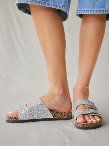 Solecia 夏季女士时尚亮片平底拖鞋 - 銀色 - 查看 3